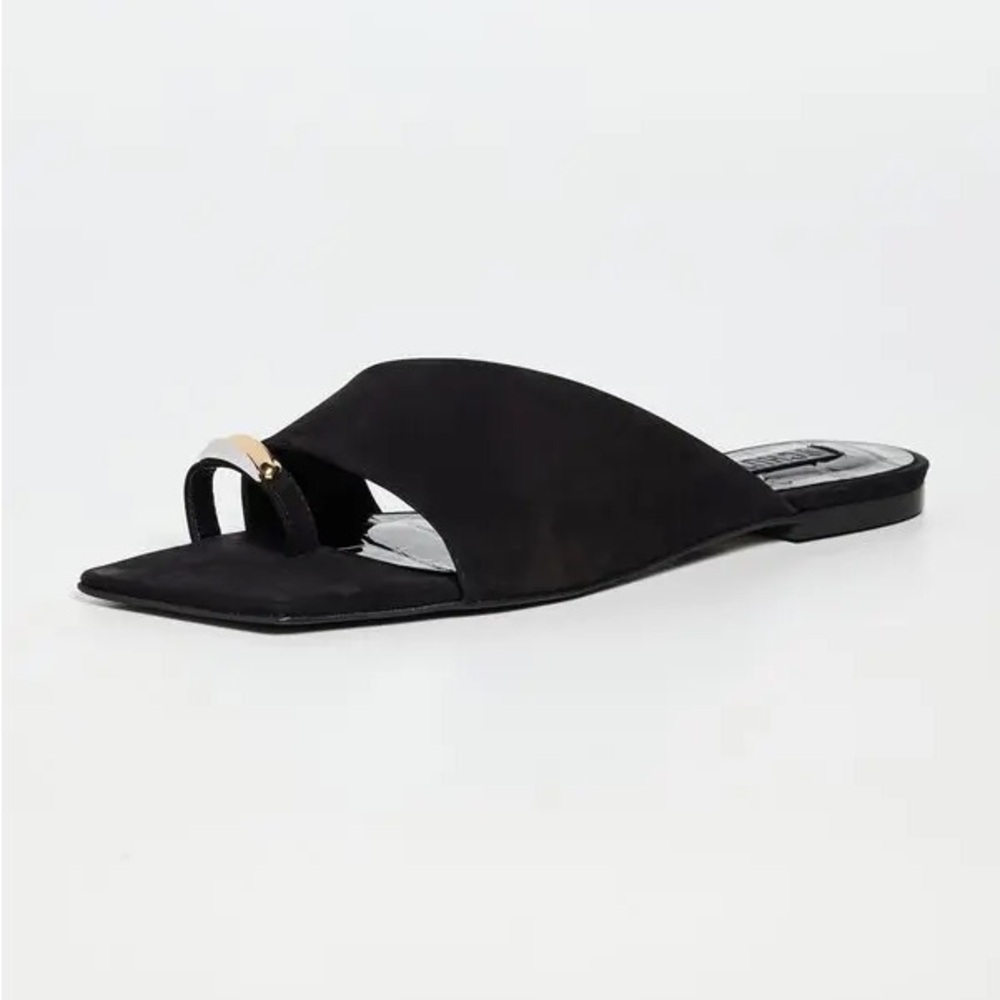 SCHUTZ Jodie Nubuck Suede Leather Black Flat Slide Sandals w Gold Embellishments